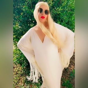 LUXURY cream WHITE fringe kaftan maxi